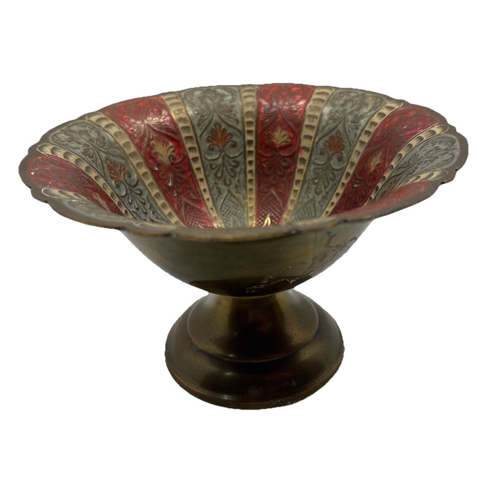 Meenakari Brass Hand Crafted Peacock Fruit Bowl Decorative Carving India 5.5"